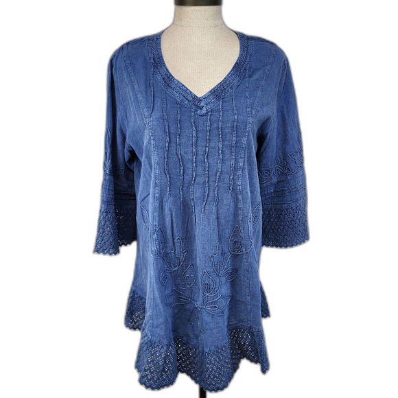 NWT Gretty Zueger Olenka V-neck 3/4 Sleeve Cotton Tunic Denim Color Size S - Picture 1 of 11